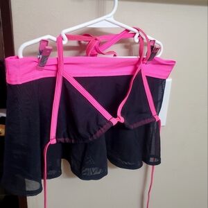 Pink and black mesh bikini and skirt set